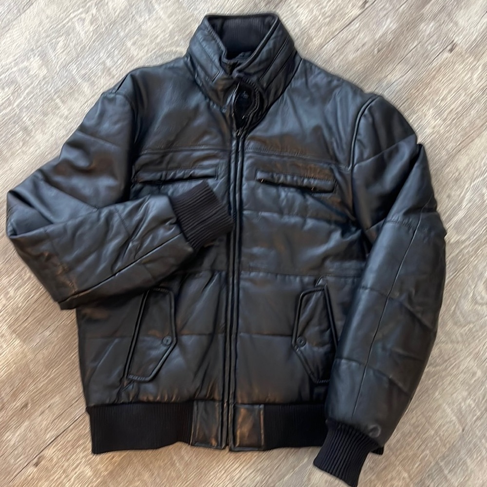 Men’s ZARA genuine leather, black puffer jacket